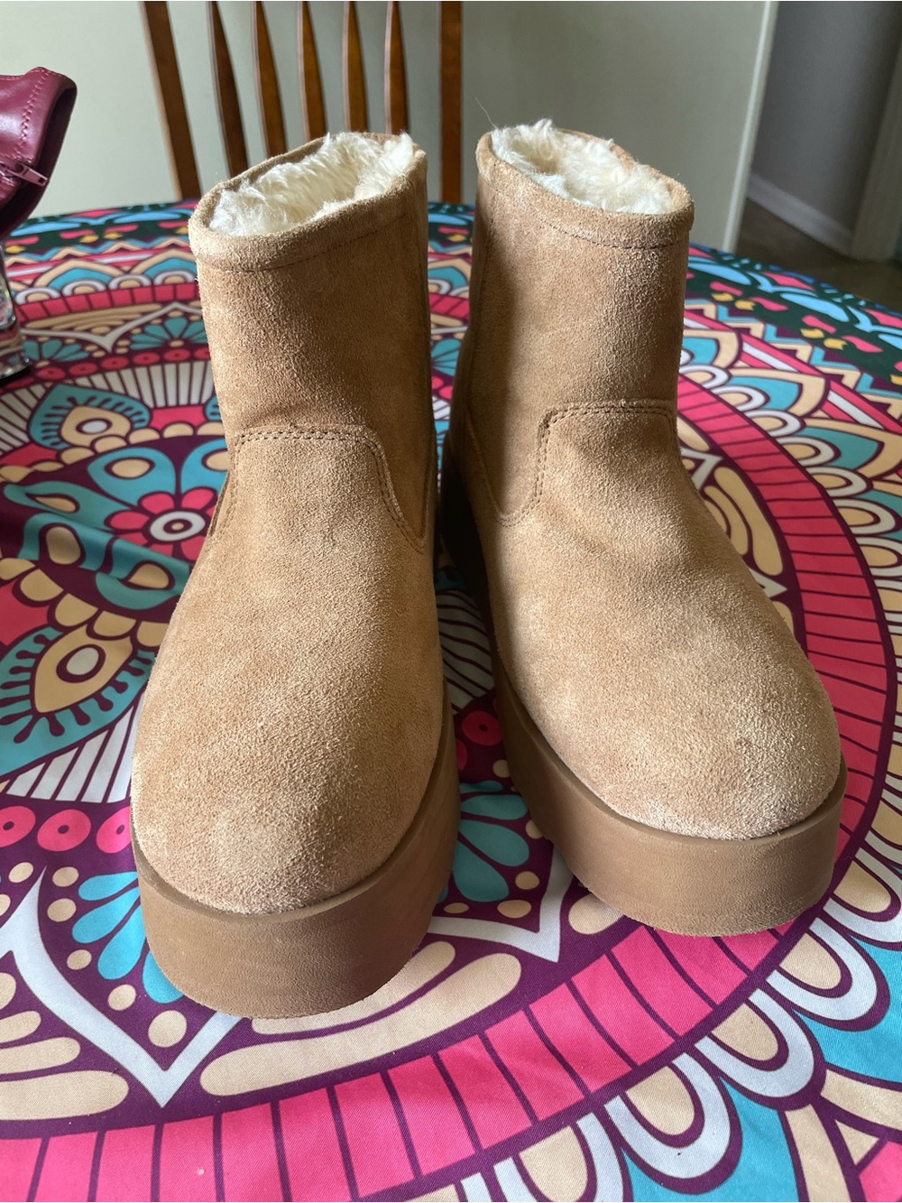 Time and Tru Tan Suede Faux-Fur Platform Ankle Boots